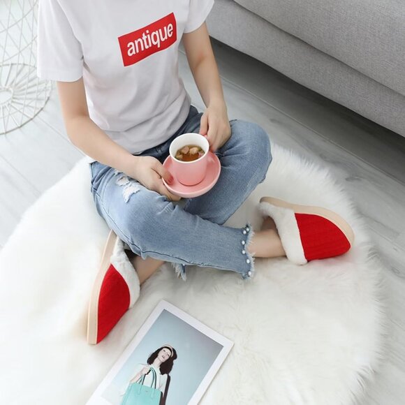 Women's Red Scuff Fur Lining Memory Warm Foam Plush Rubber Slippers Shoes - Picture 8 of 9